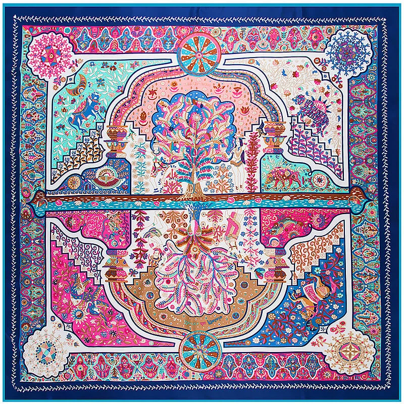 130*130CM 100% Imitation Silk Twill Silk Square Scarf Scarves Floral Tree Print Scarf-Multi Colors