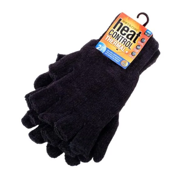 2 Pack Mens Black Thermal Heat Control Fingerless Gloves