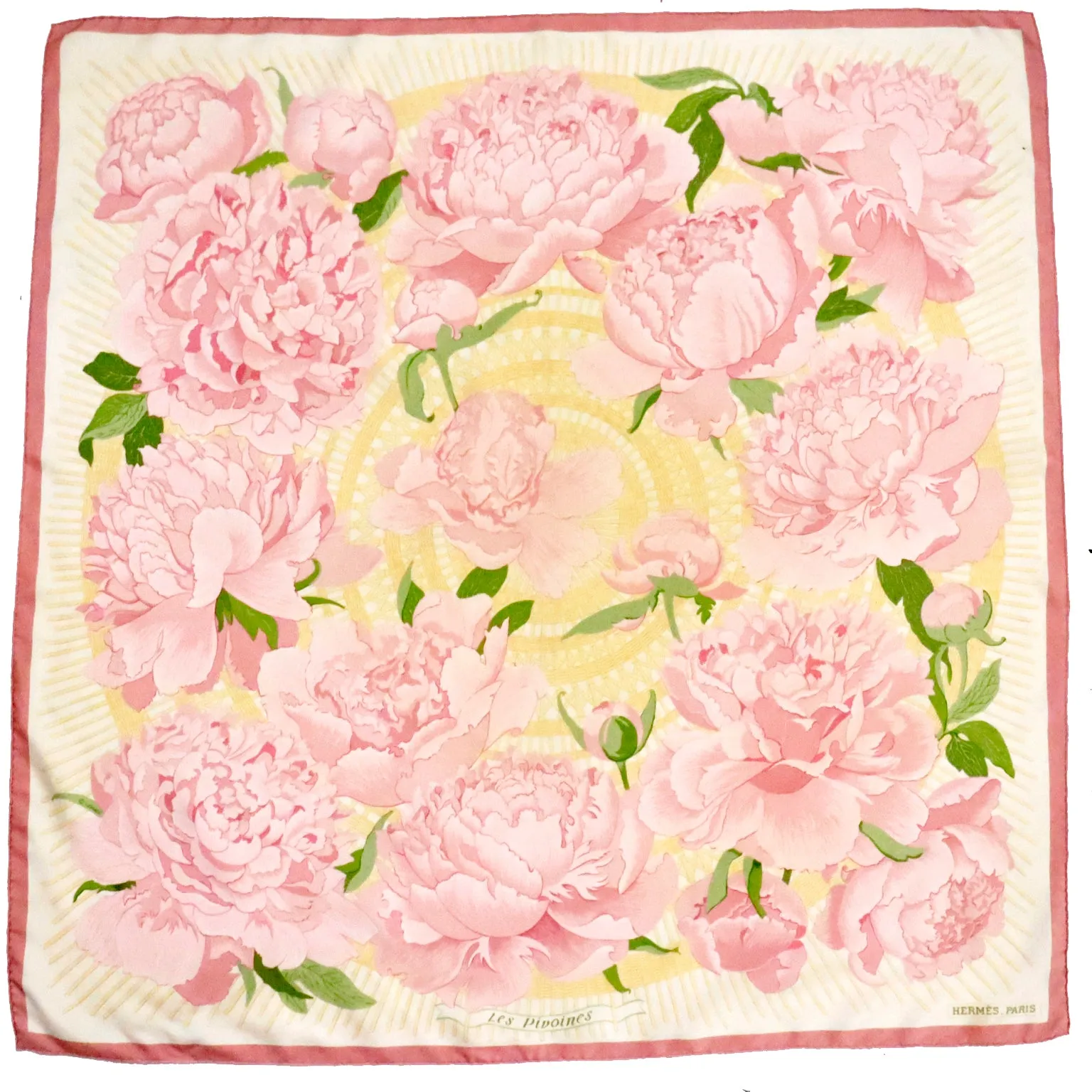 2000s Hermes Les Pivoines Vintage Pink Silk Peony Scarf