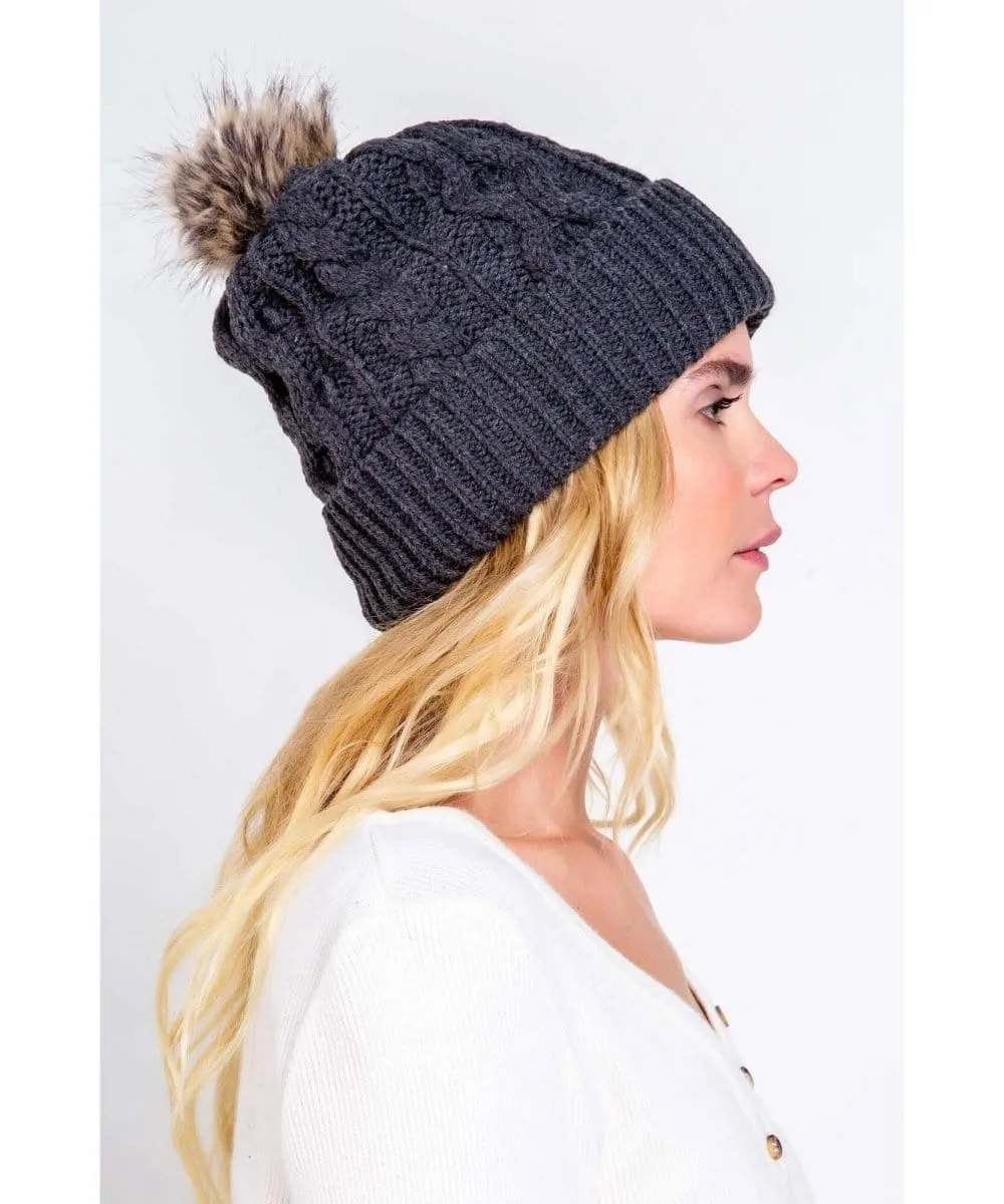 Black Beanie with Fur Pom