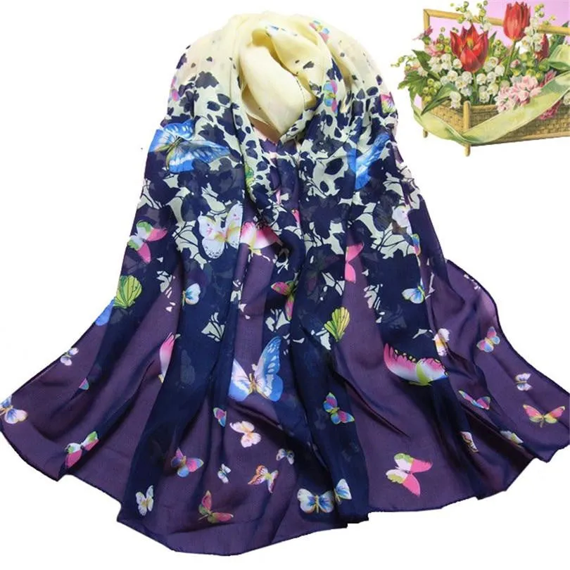 Butterfly Printed Flower Soft Muffler Chiffon Scarf