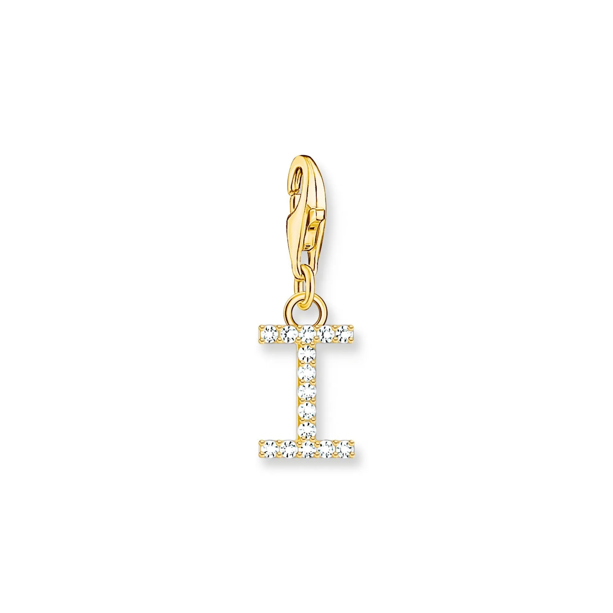 Charm pendant letter I with white stones gold plated