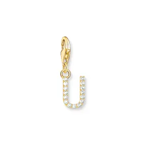 Charm pendant letter U with white stones gold plated