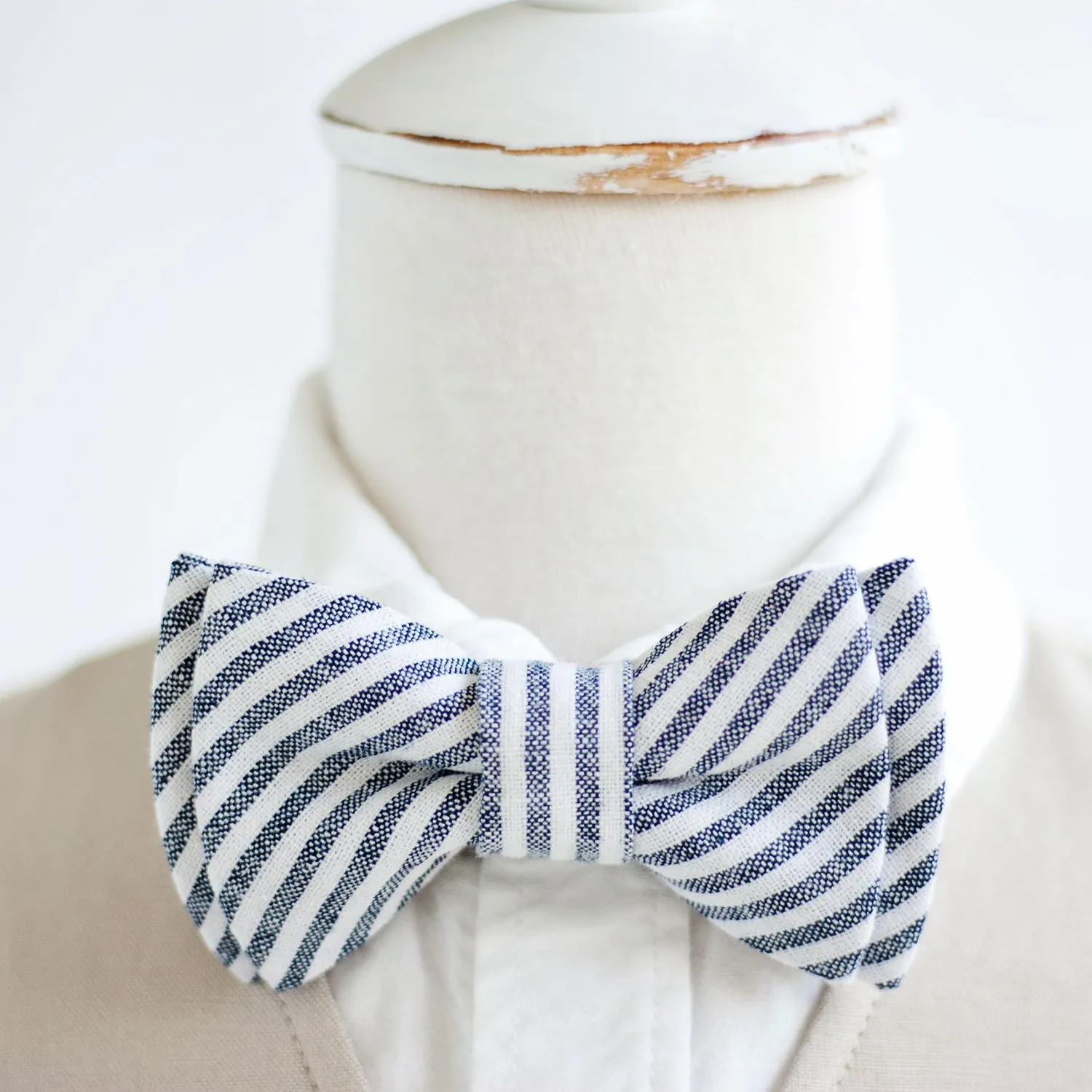 Classic Hair Bow Clip Or Headband / Navy Linen Stripe