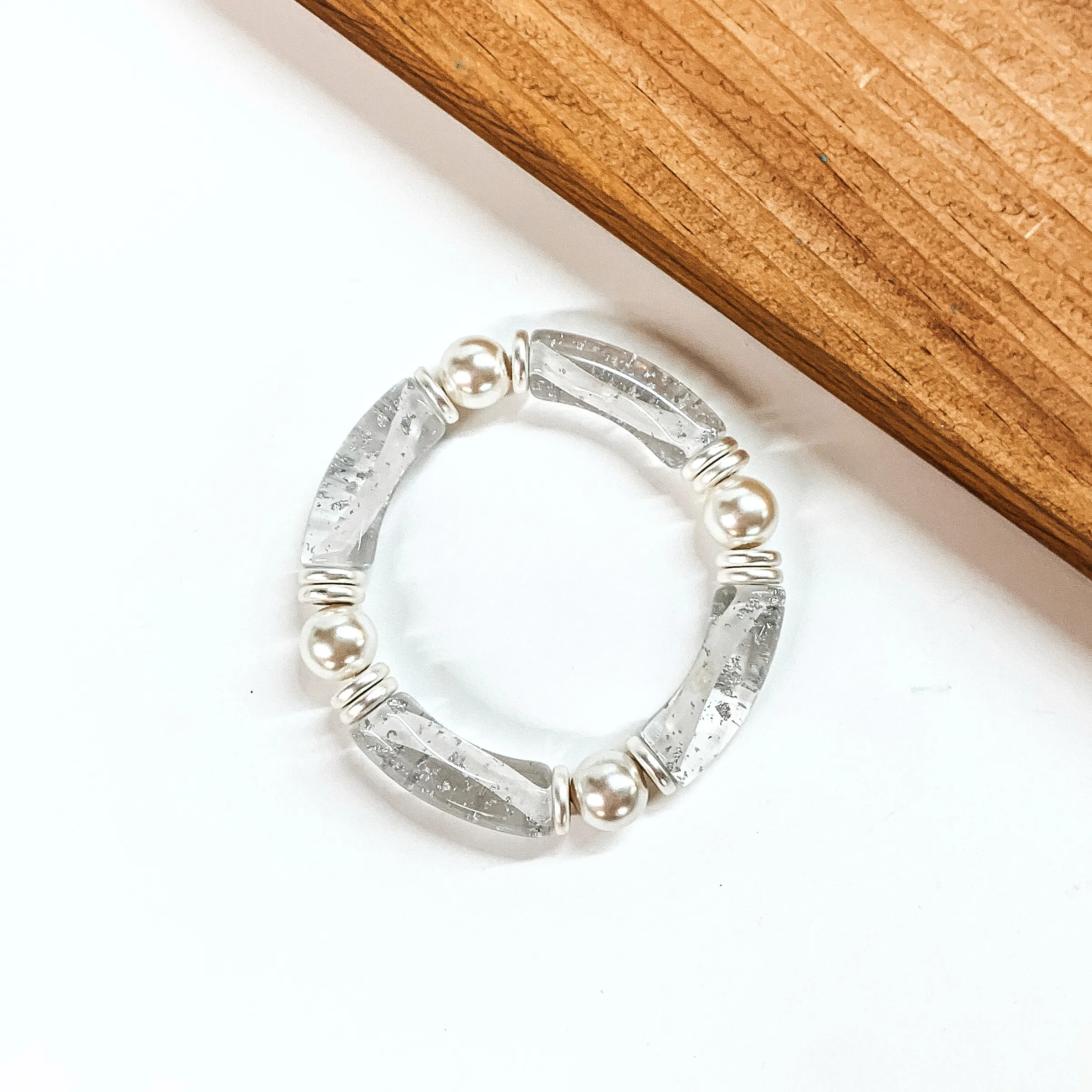 Clear Tube Bracelet with Pearl Spacers and Silver Tone Flakes