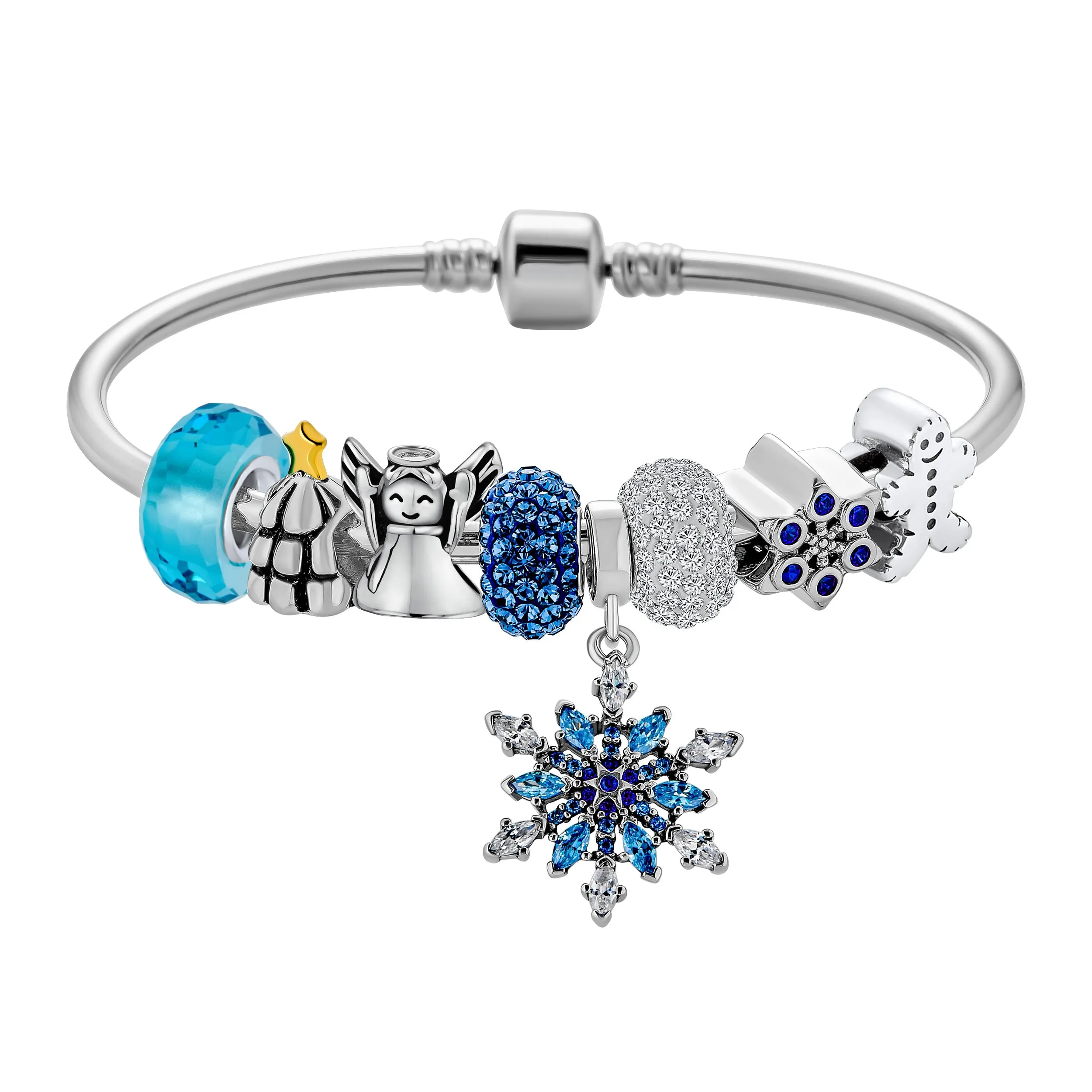 Elegant Blue Ice Snowflake Charm Bracelet with Crystal Beads and Silver Clasp