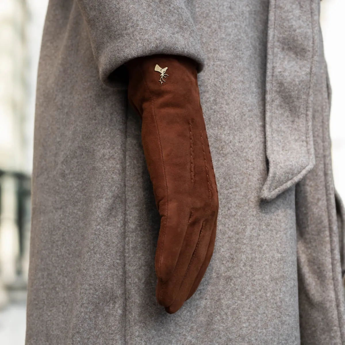 Elizabeth (brown) - suede leather gloves with warm faux fur lining