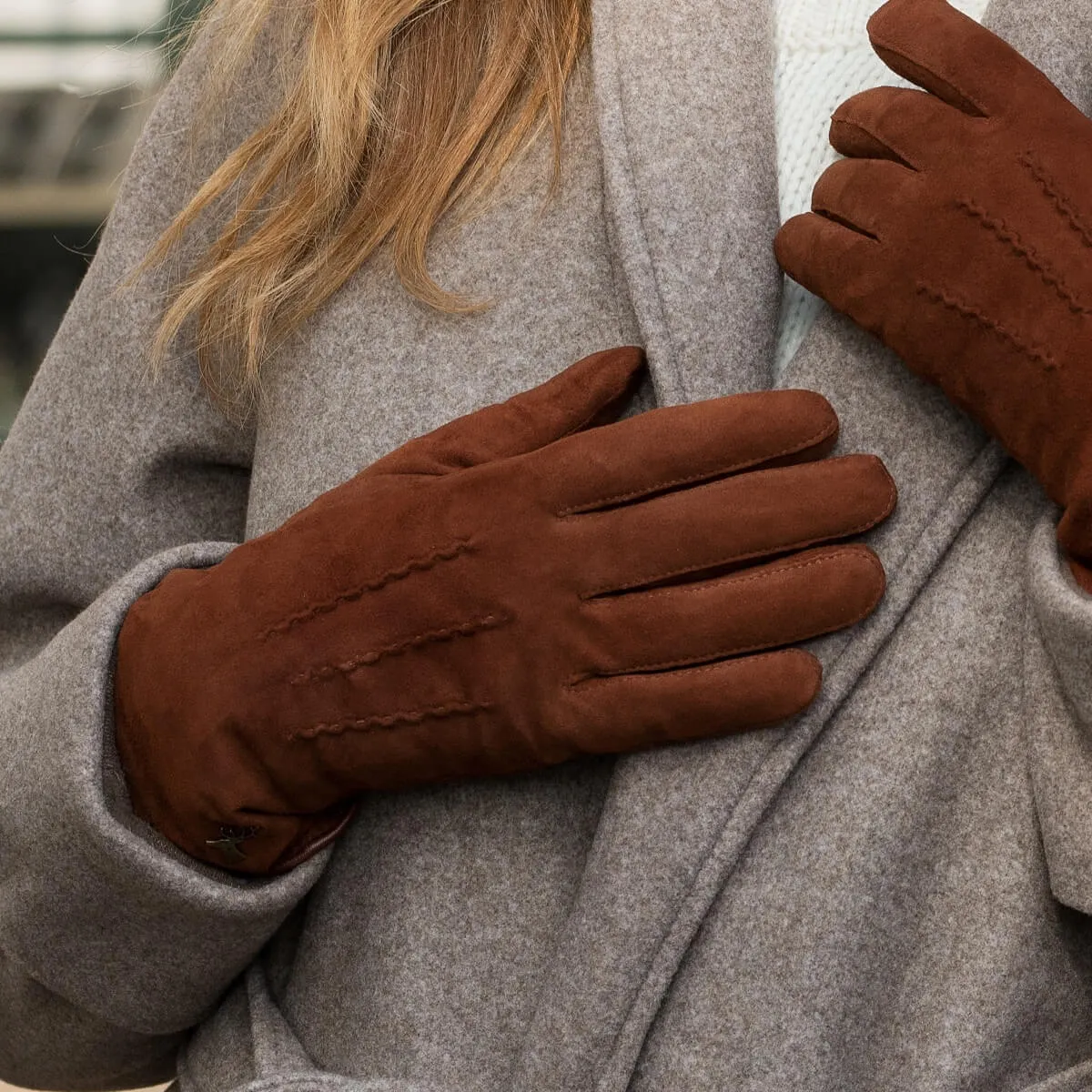 Elizabeth (brown) - suede leather gloves with warm faux fur lining