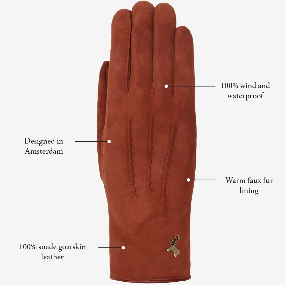 Elizabeth (brown) - suede leather gloves with warm faux fur lining