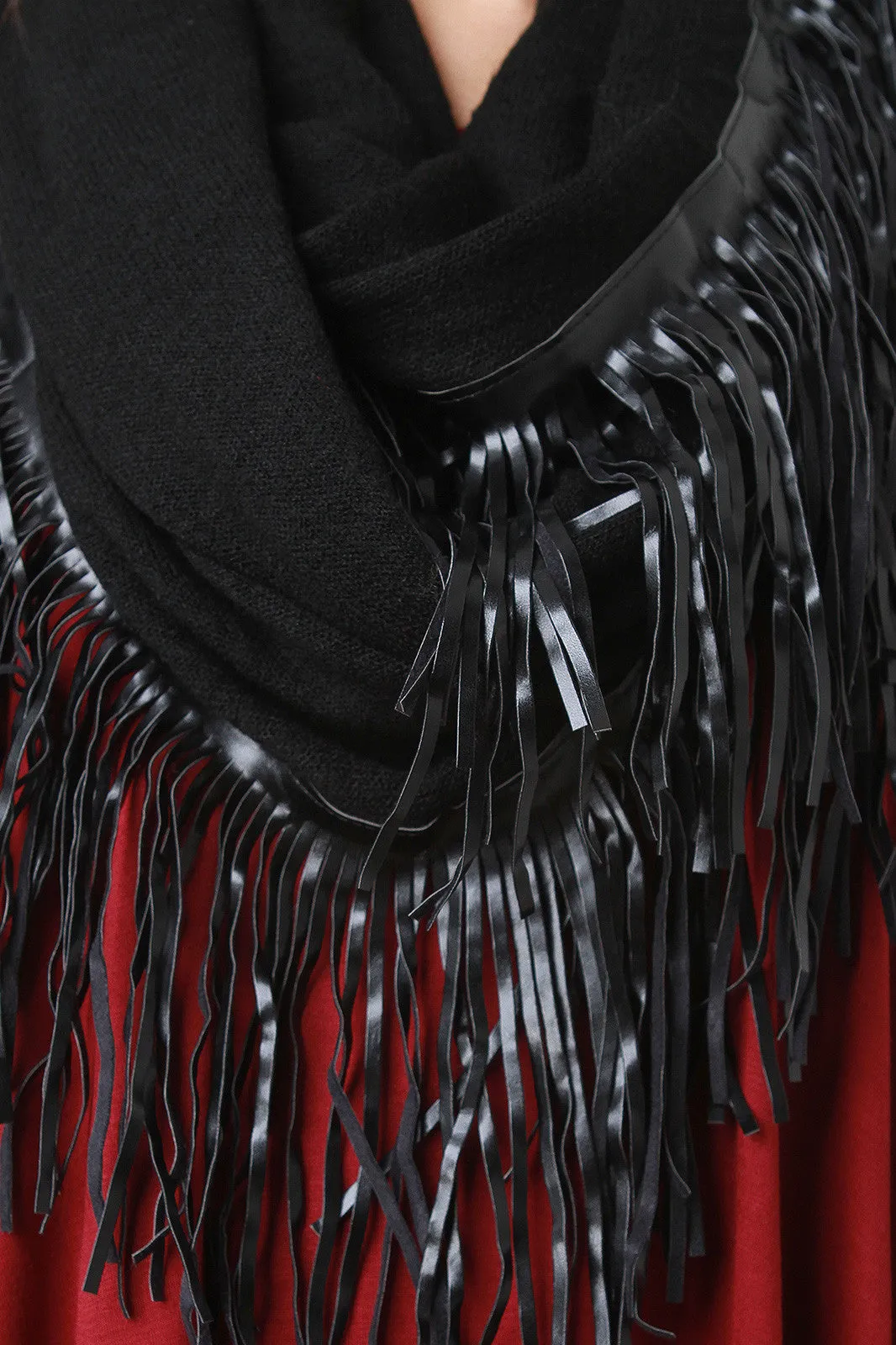 Fine Knit Vegan Leather Fringe Infinity Scarf