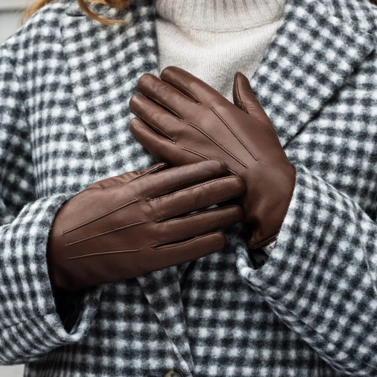 Francesca (brown) - Italian lambskin leather gloves with white fur lining