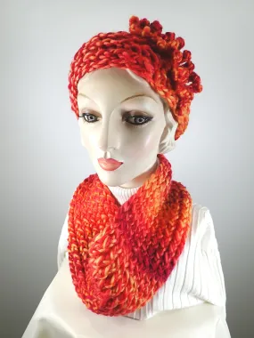 Gifts for her. Hand knitted vividly colored chunky headband and infinity scarf set