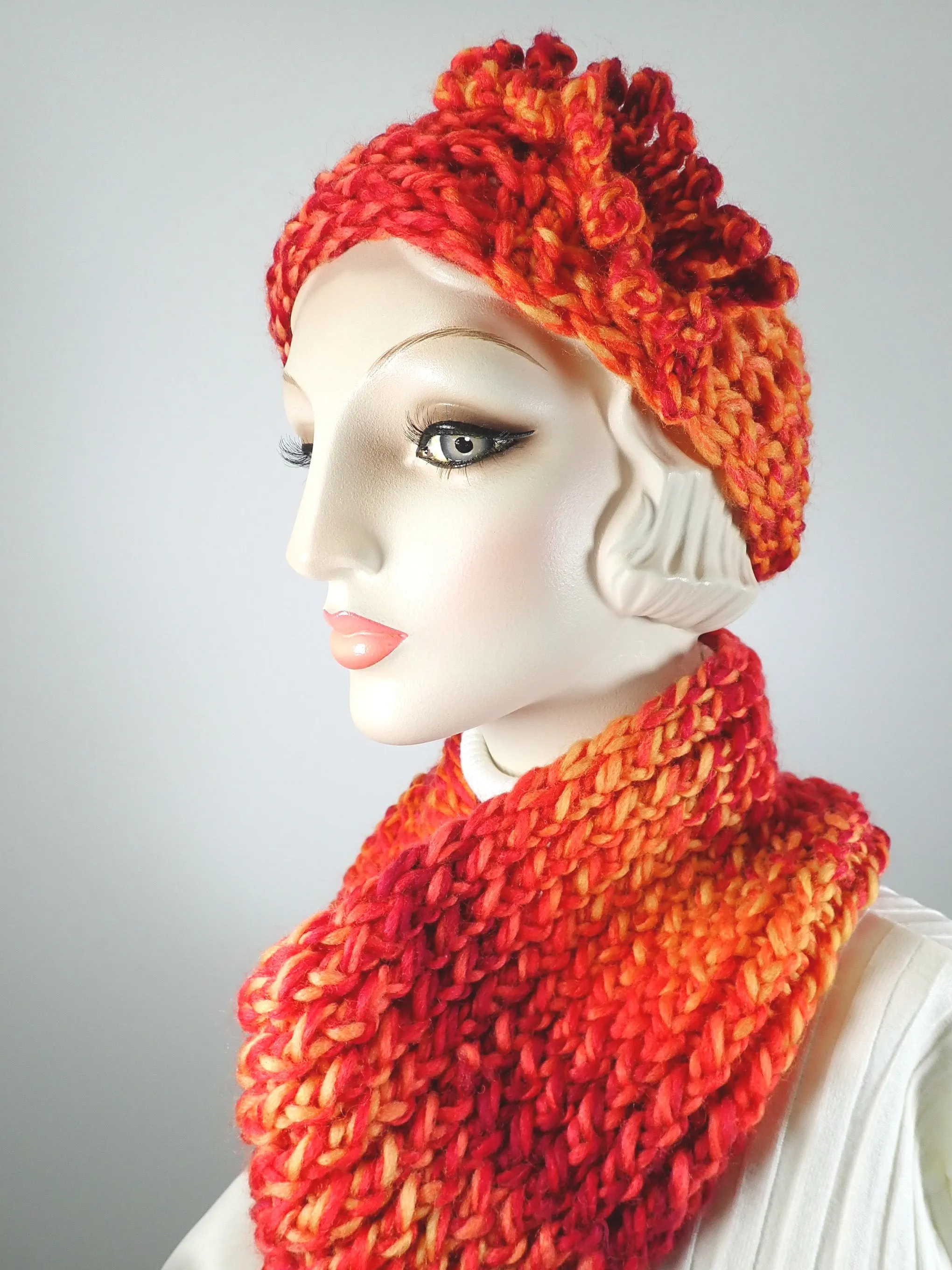 Gifts for her. Hand knitted vividly colored chunky headband and infinity scarf set