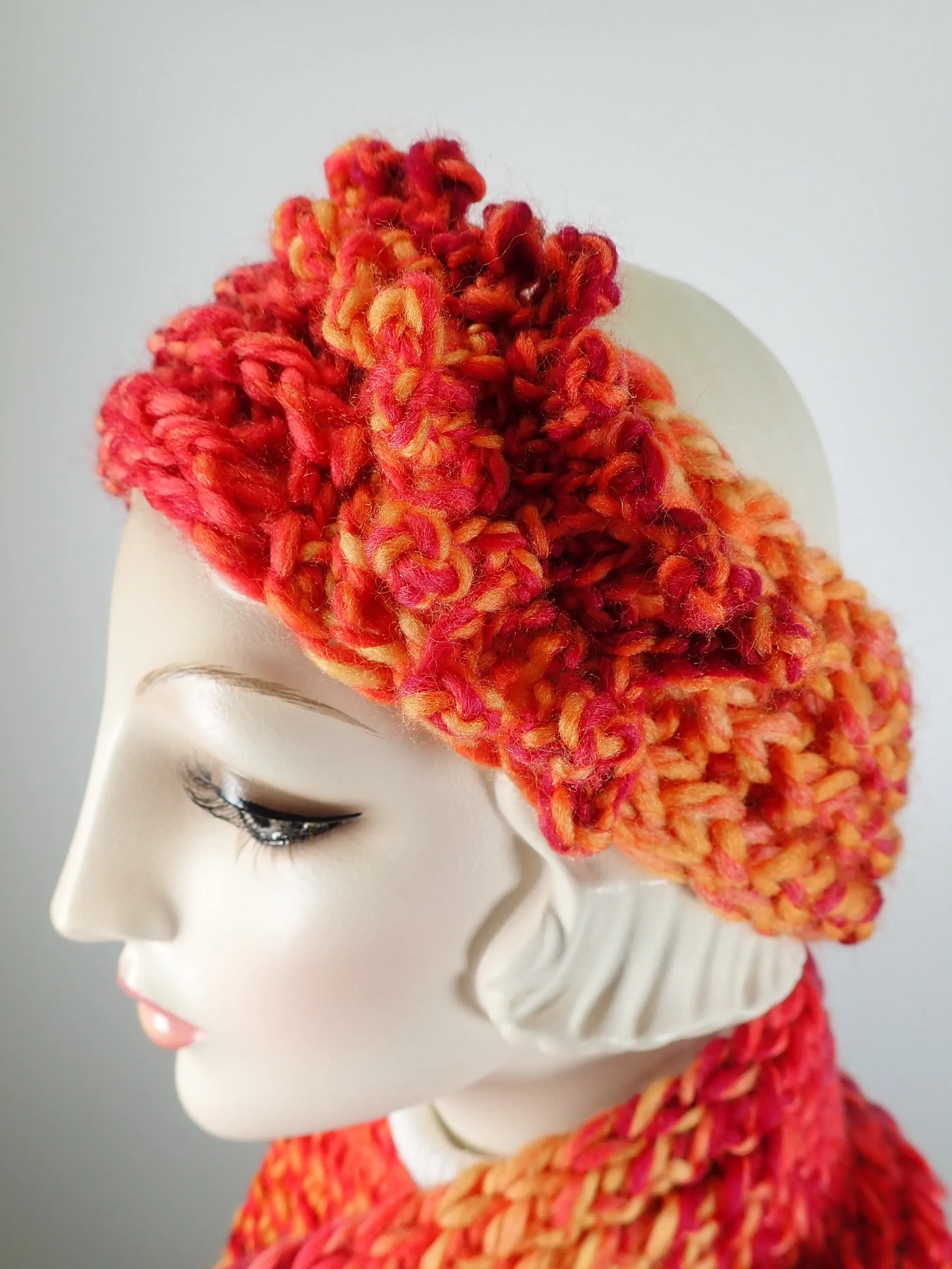 Gifts for her. Hand knitted vividly colored chunky headband and infinity scarf set