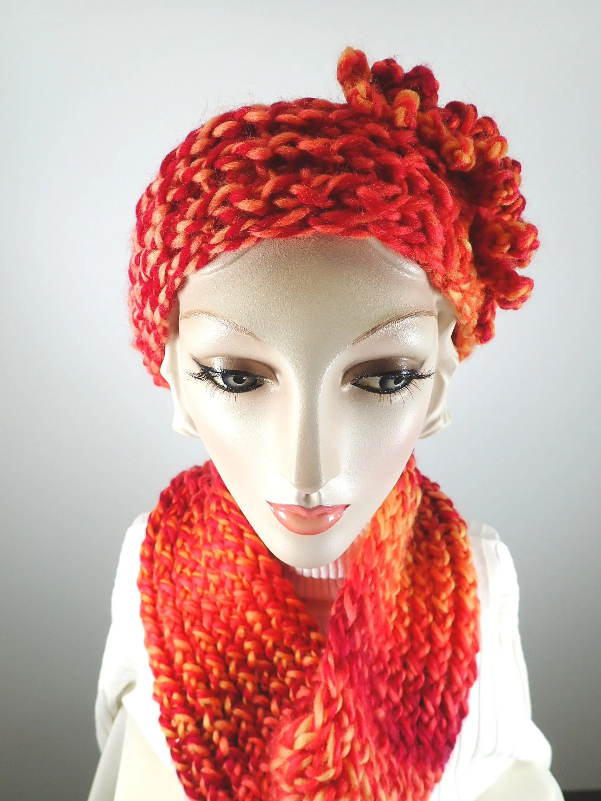 Gifts for her. Hand knitted vividly colored chunky headband and infinity scarf set