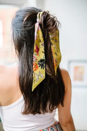 Golden Yellow 'Skinny' Silk scarf in the botanical  'Enticement' Print, delicate, lightweight scarf accessory