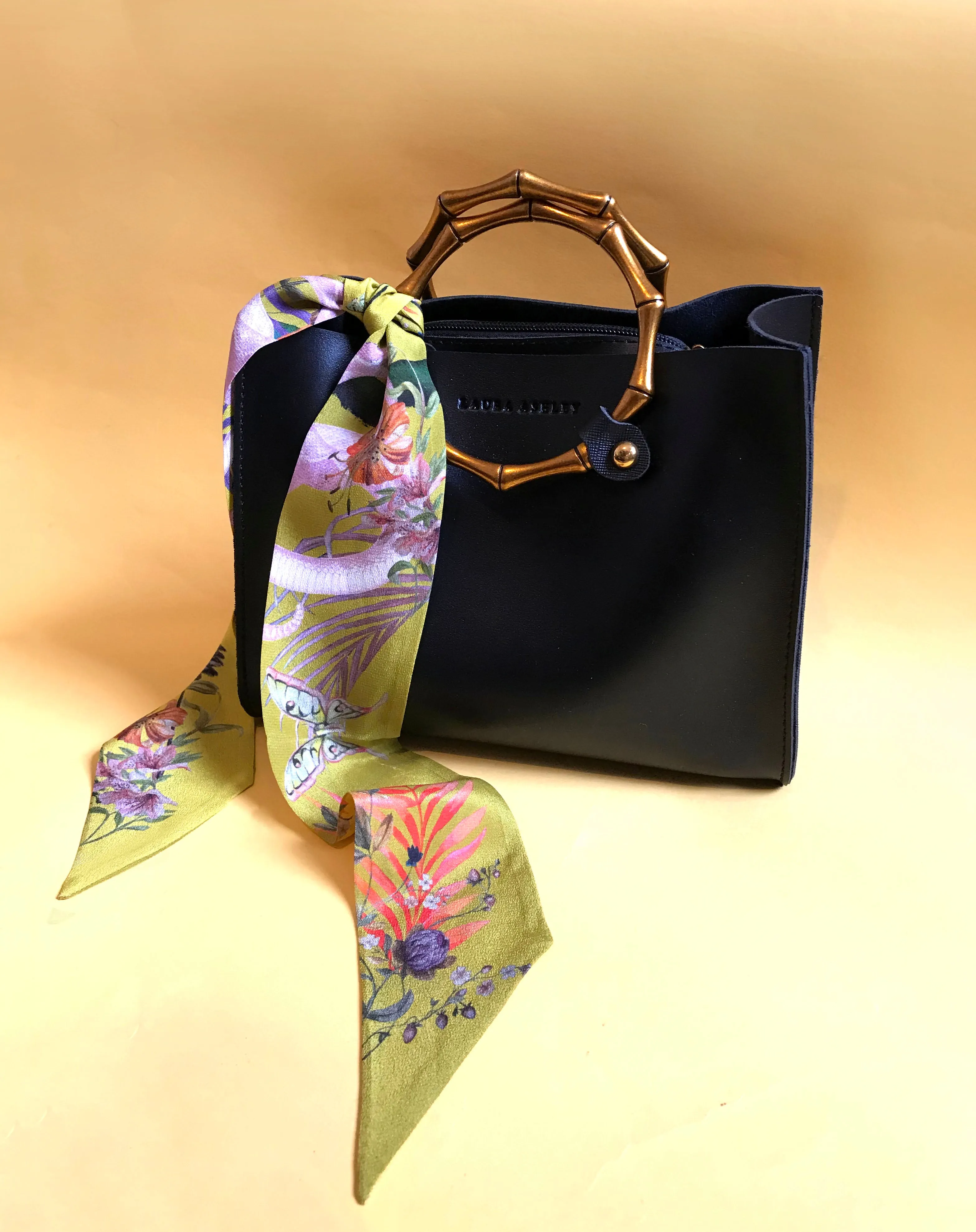 Golden Yellow 'Skinny' Silk scarf in the botanical  'Enticement' Print, delicate, lightweight scarf accessory