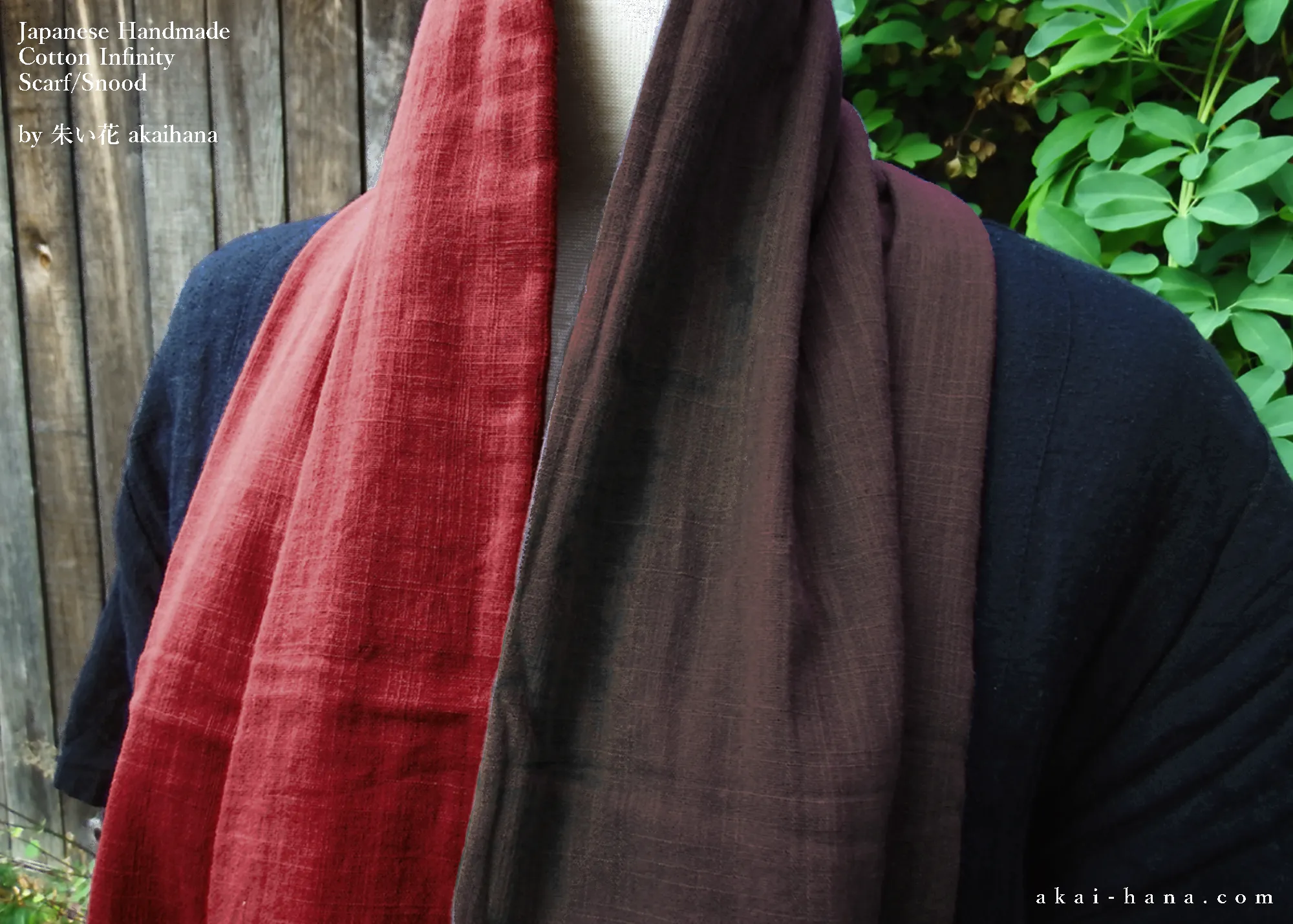 Infinity Snood Scarf, 100% Cotton Japanese Double Gauze, Bi-Color Red & Chocolate ⦿sinf0024