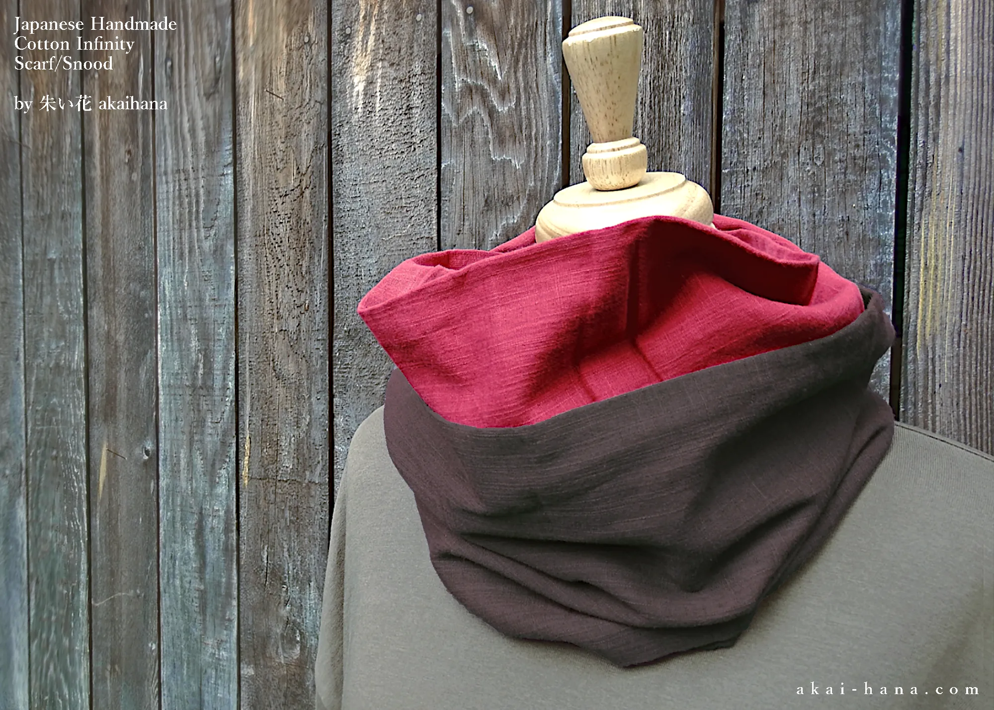 Infinity Snood Scarf, 100% Cotton Japanese Double Gauze, Bi-Color Red & Chocolate ⦿sinf0024