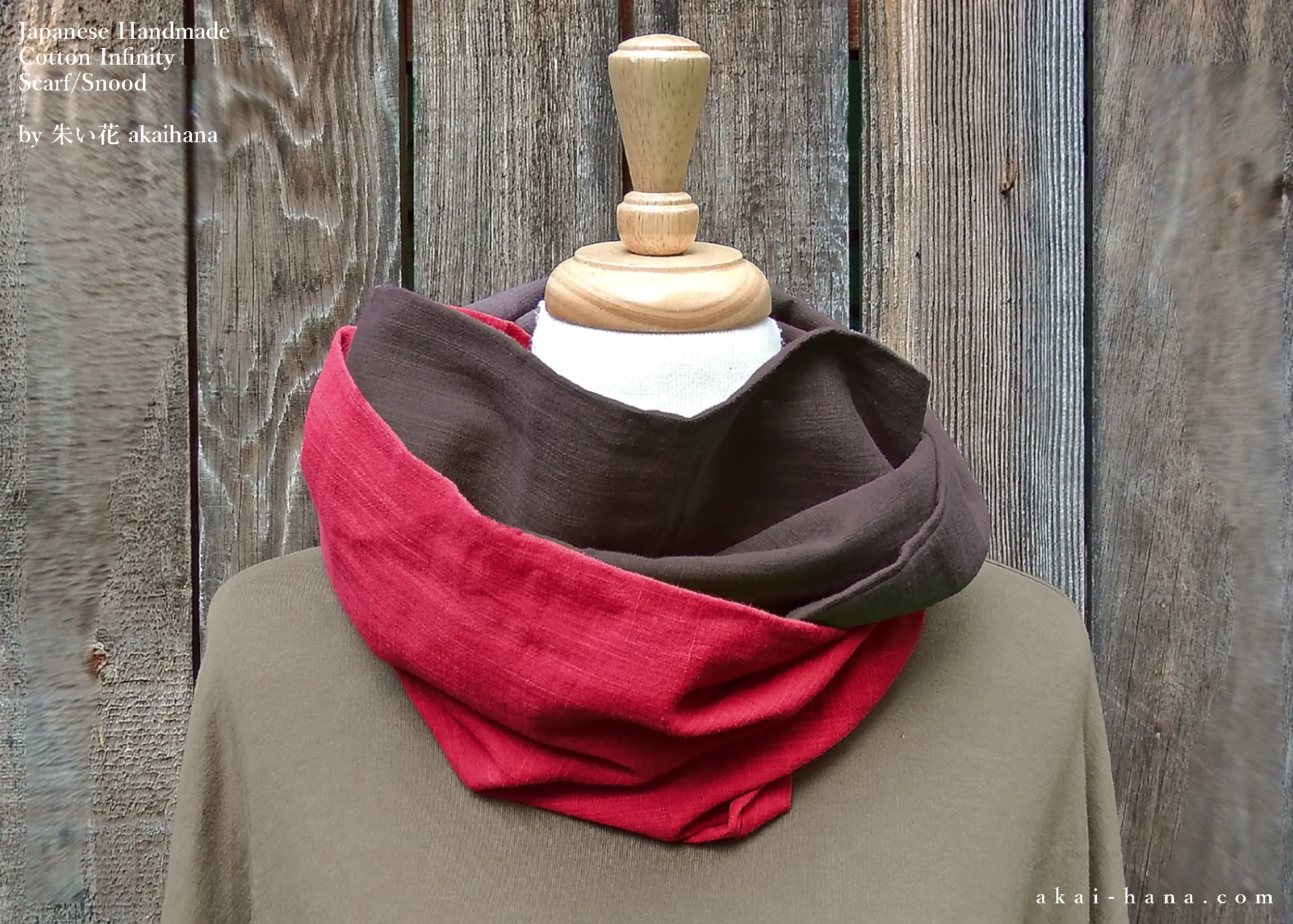 Infinity Snood Scarf, 100% Cotton Japanese Double Gauze, Bi-Color Red & Chocolate ⦿sinf0024