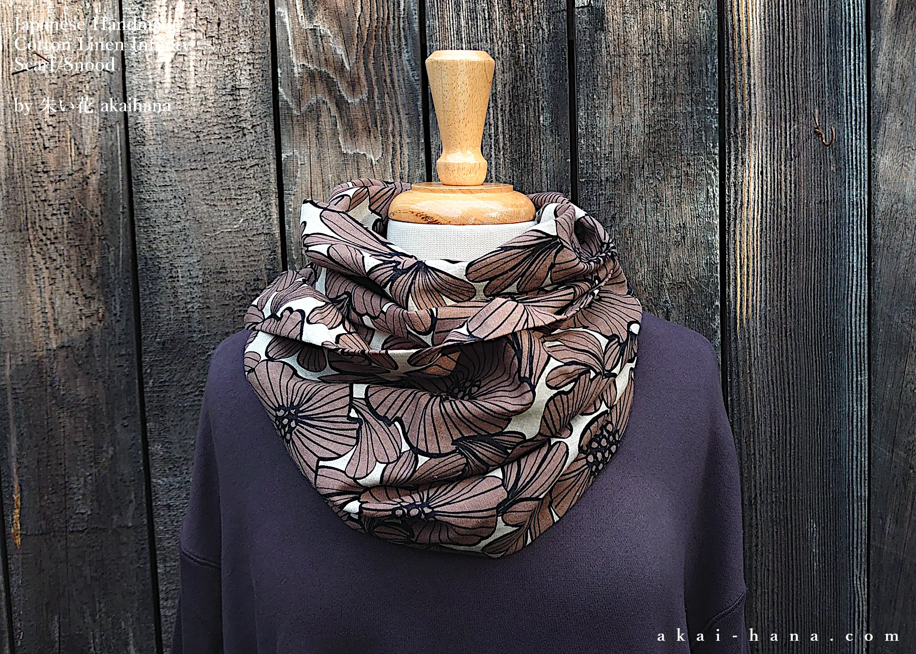 Japanese Handmade Infinity Scarf, Linen x Cotton, Nordic Floral ⦿sinf0036