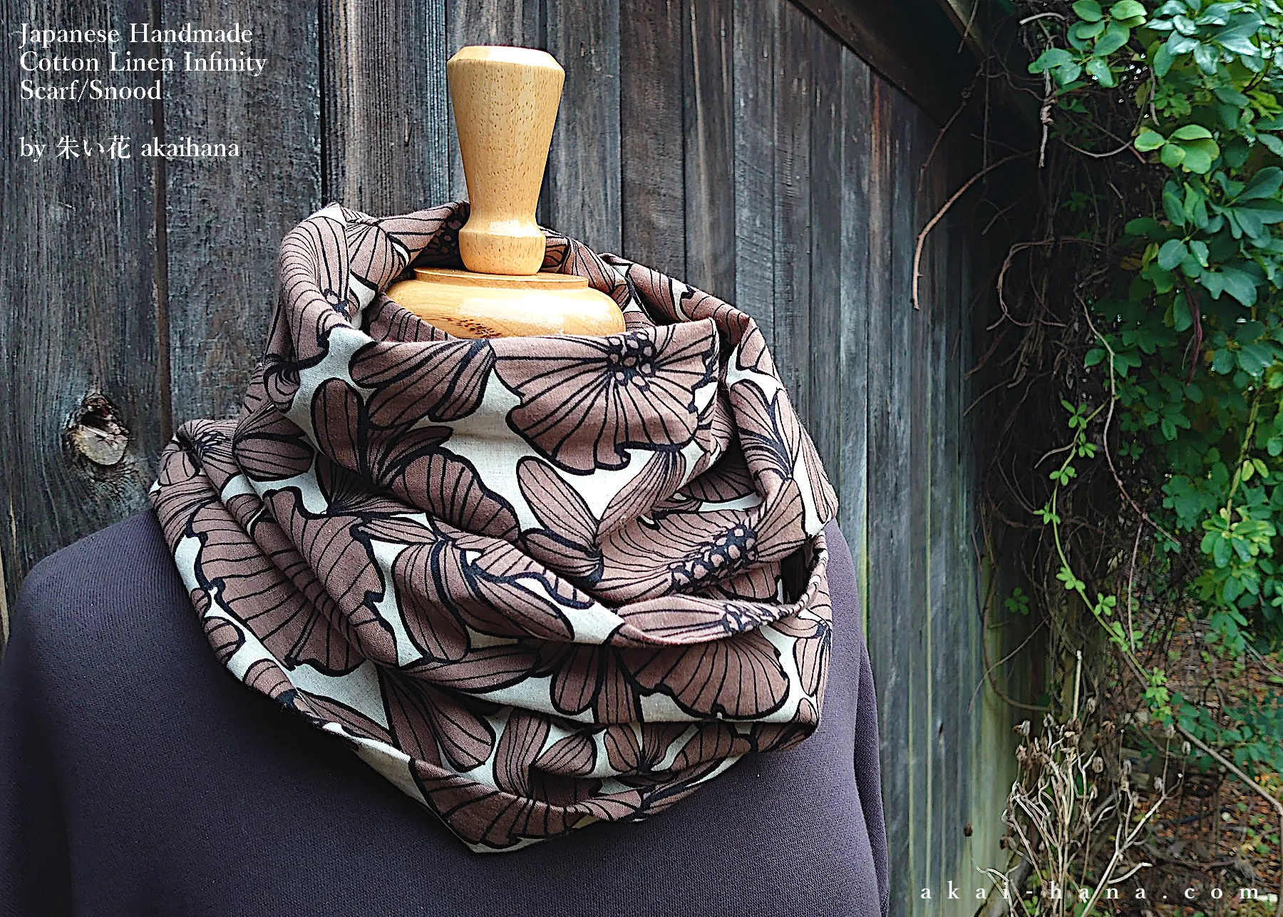 Japanese Handmade Infinity Scarf, Linen x Cotton, Nordic Floral ⦿sinf0036