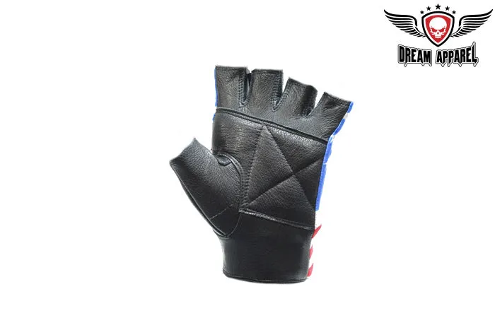 Leather Motorcycle Fingerless Gloves with USA Flag