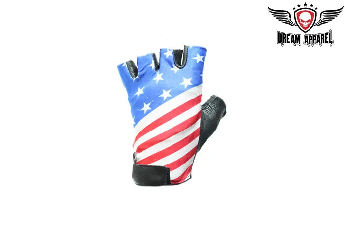 Leather Motorcycle Fingerless Gloves with USA Flag