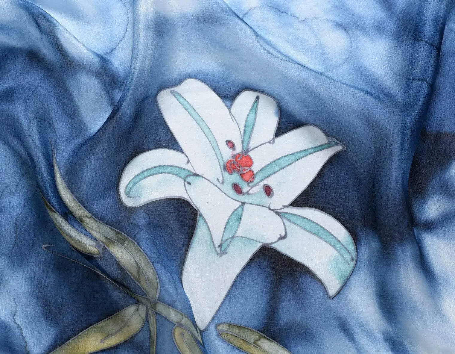 Long Hand Painted Silk Scarf - Blue Lilly