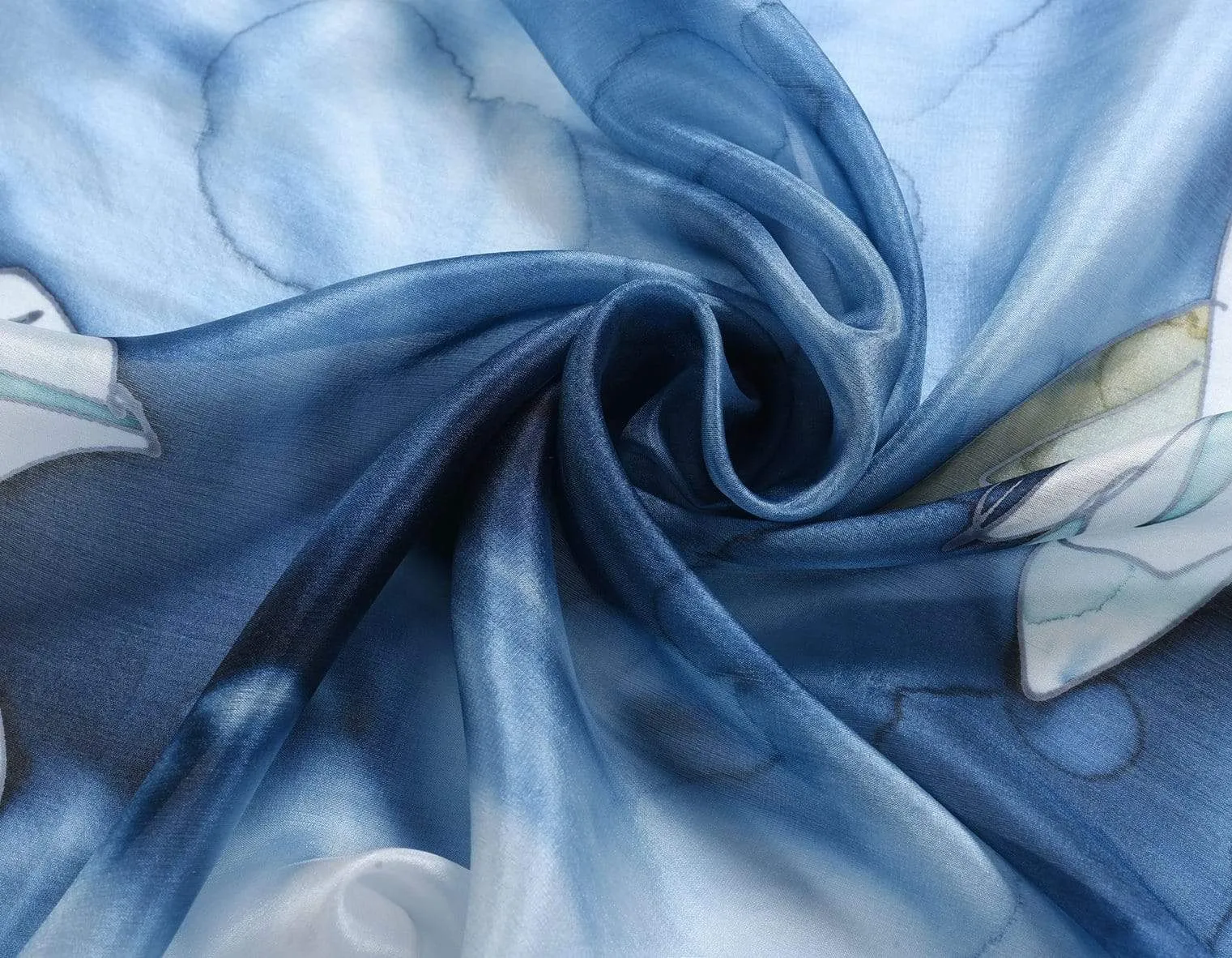 Long Hand Painted Silk Scarf - Blue Lilly