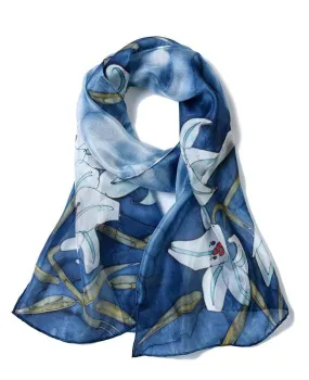 Long Hand Painted Silk Scarf - Blue Lilly