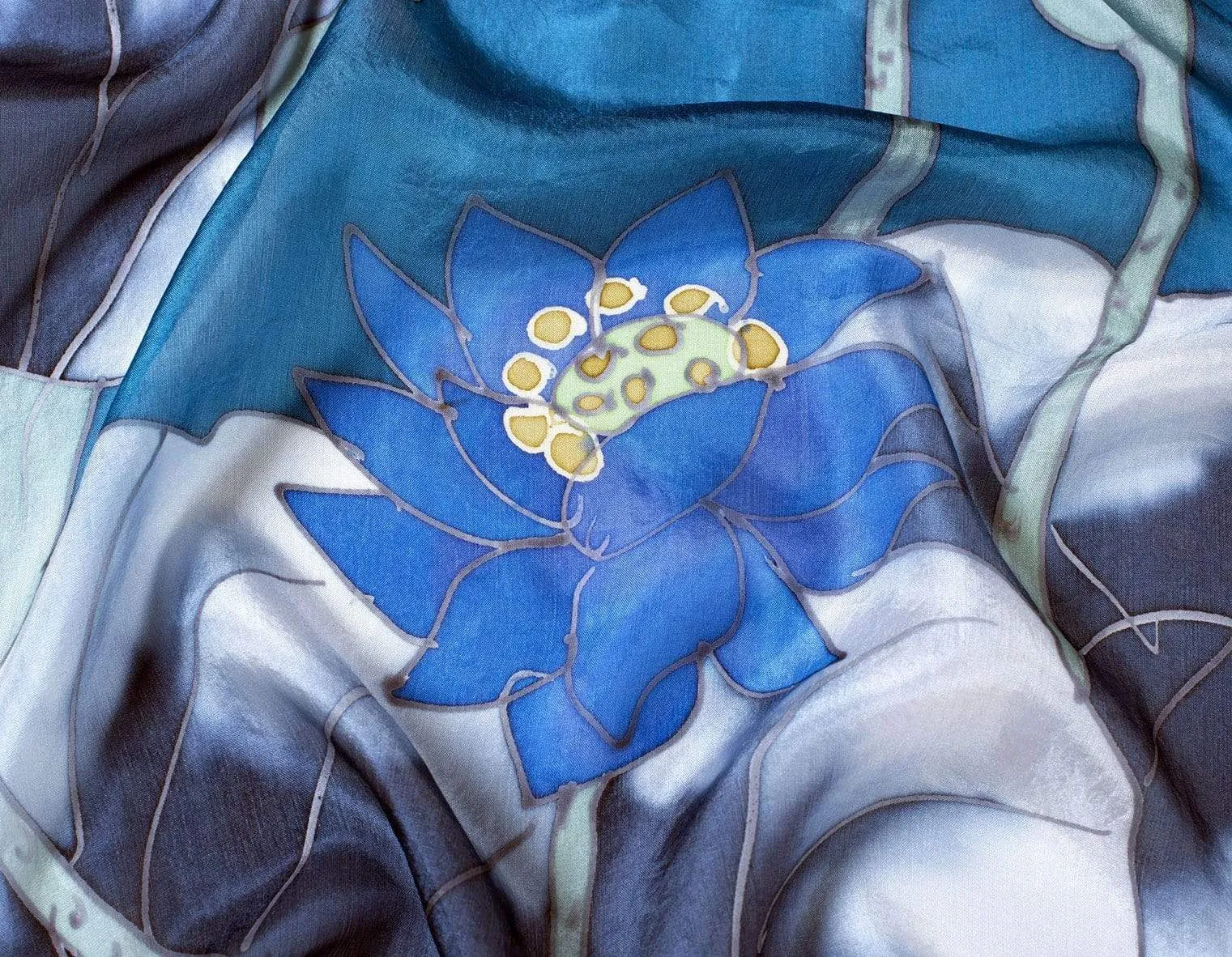 Long Hand Painted Silk Scarf - Blue Lotus