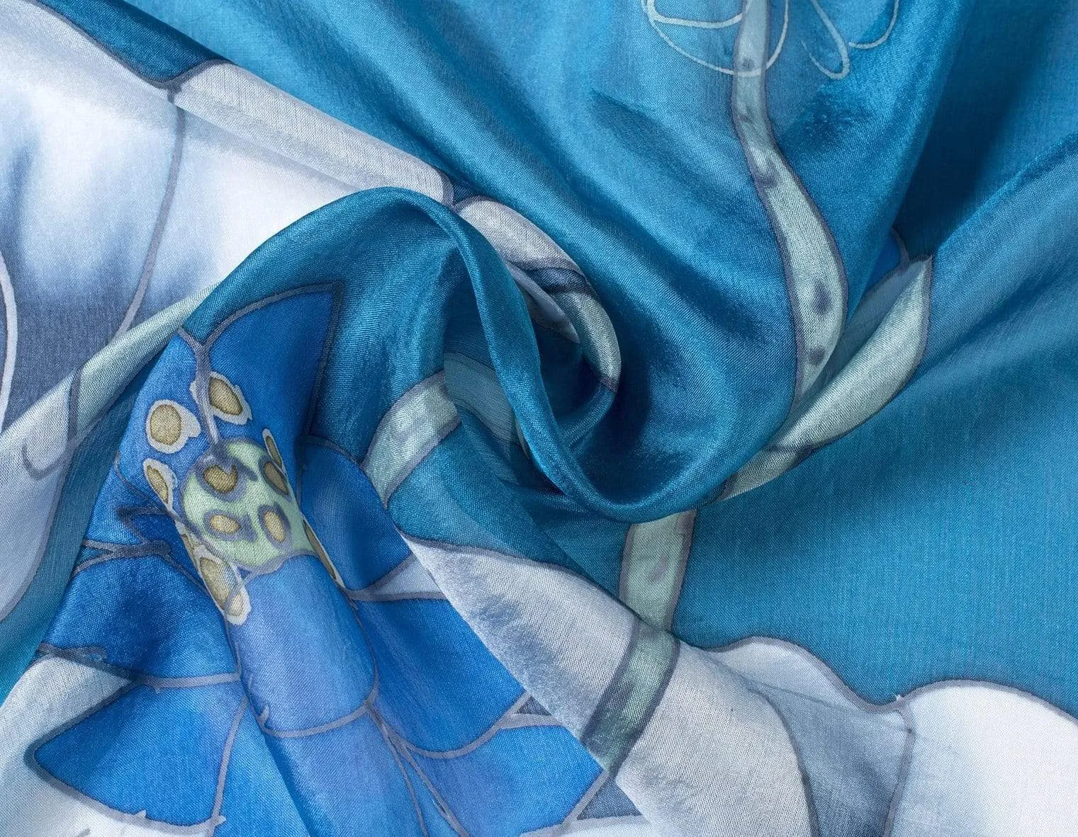 Long Hand Painted Silk Scarf - Blue Lotus