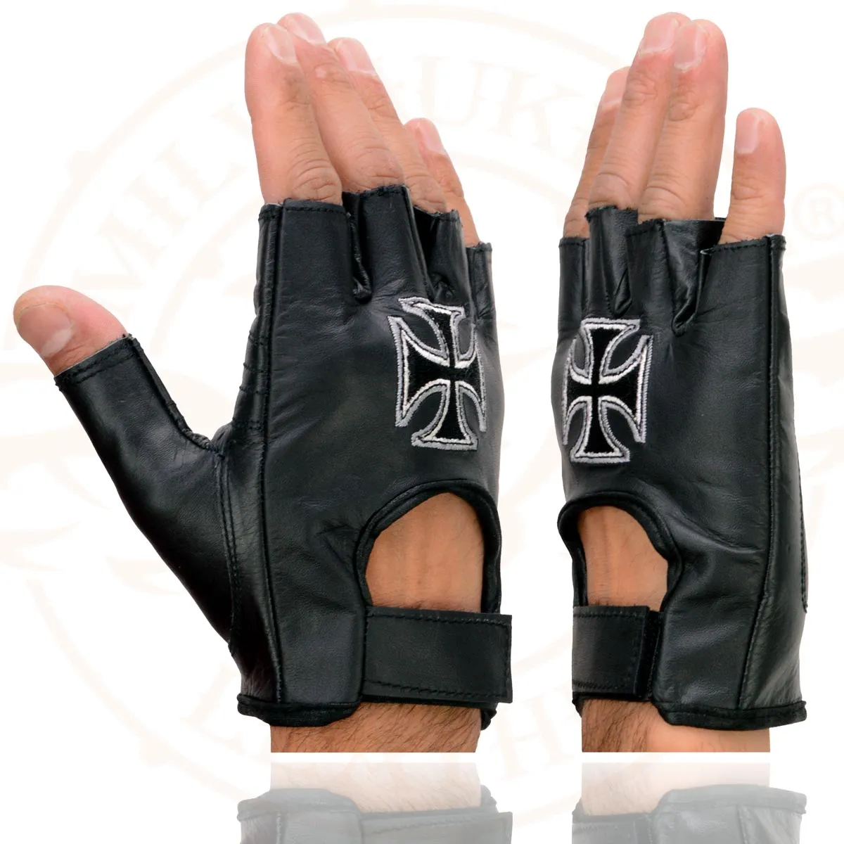 Milwaukee Leather SH354 Men's 'Iron Cross' Black Leather Fingerless