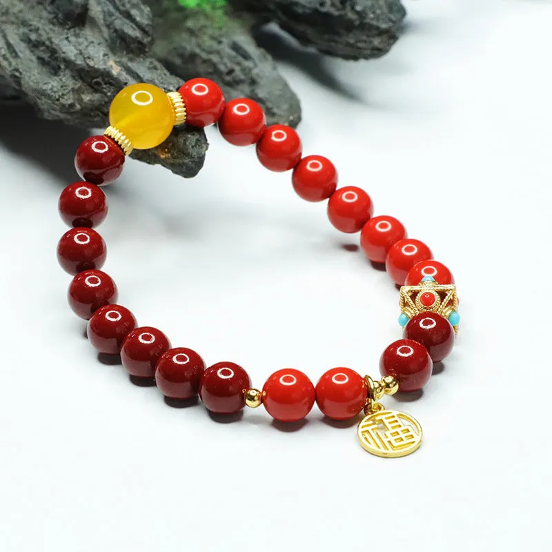 Red and Gold Blessing Bracelet with Cinnabar Stone