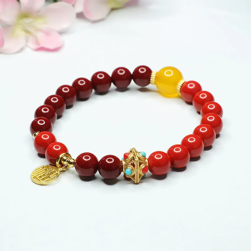 Red and Gold Blessing Bracelet with Cinnabar Stone