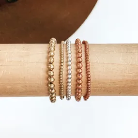 Set of Five | Beaded Bliss Bracelet Set in Matte Gold Tone, Silver Tone, and Copper Tone