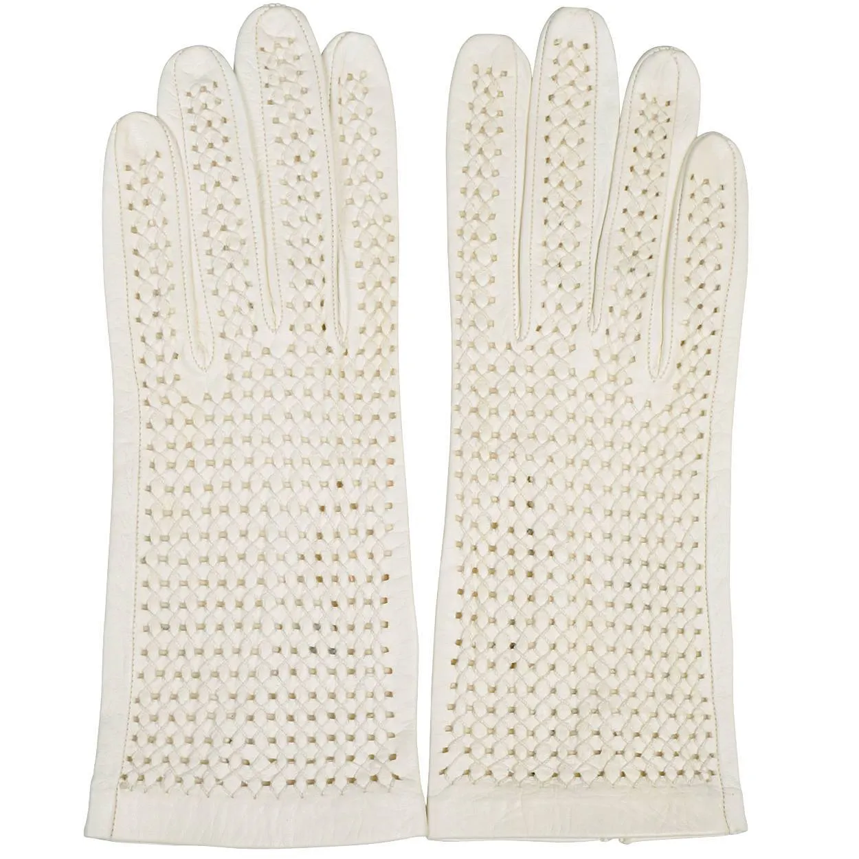 Vintage 1960s Gloves White Lattice Leather Unused Size 6 1/2