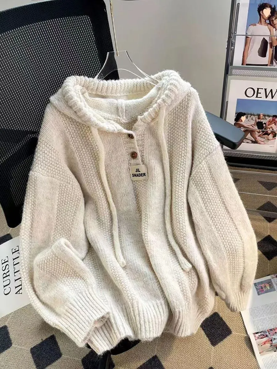 Waffle Textured Casual Sporty Button Neck Sweater With Hood