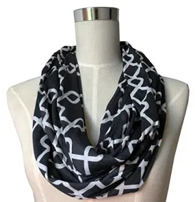 Womens Interlocking Chain Square Pattern Scarf w/ Zipper Pocket - Pop Fashion (Black)